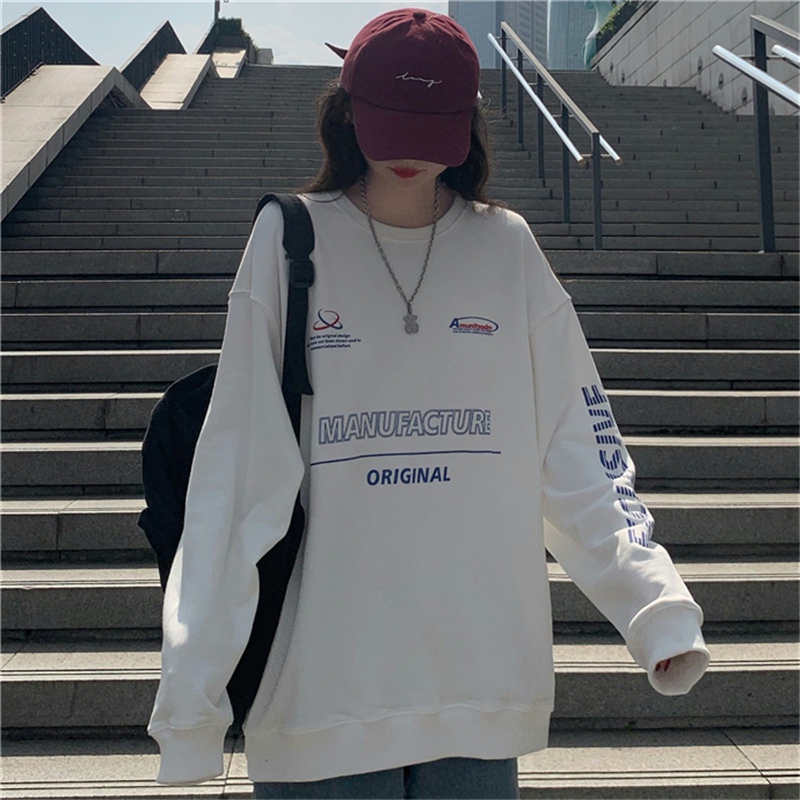 Real shot black sweater women's print lazy style Korean loose medium length spring and autumn thin top