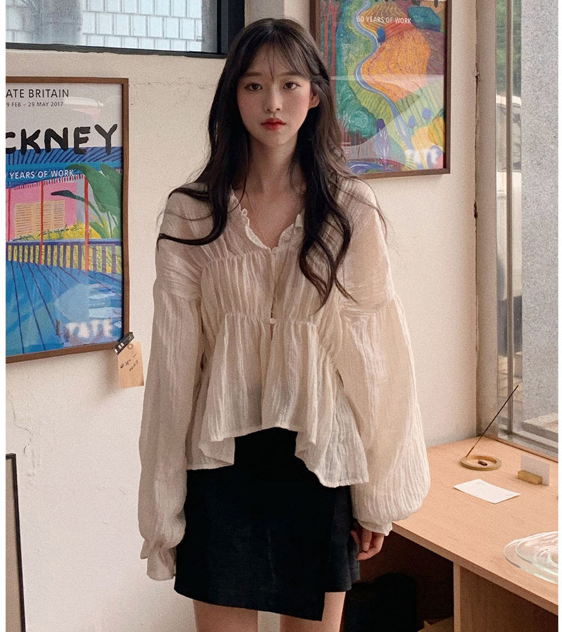 Korean chic girl's Wooden ear edge V-neck pleated loose shirt micro transparent sunscreen shirt