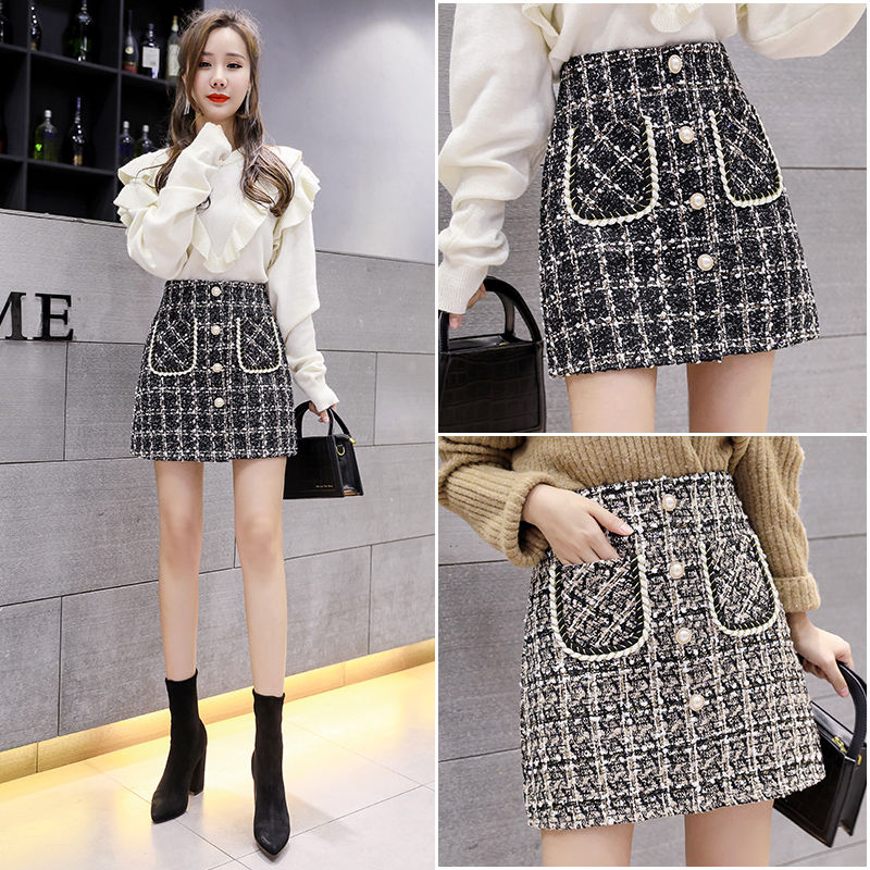 Light proof tweed show thin A-line skirt autumn / winter 2020 new small fragrance chic skirt wrap skirt one step skirt