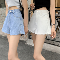 High waist split A-line wide leg rough edge denim shorts