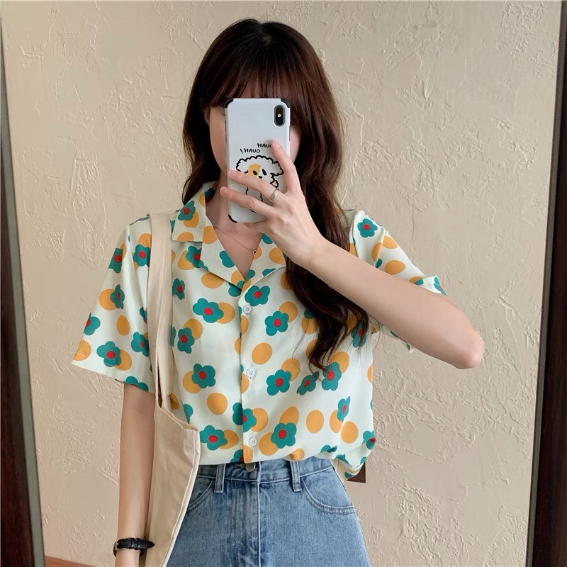 Hanfeng top summer new shirt women's sense of design niche casual slim print short sleeve shirt