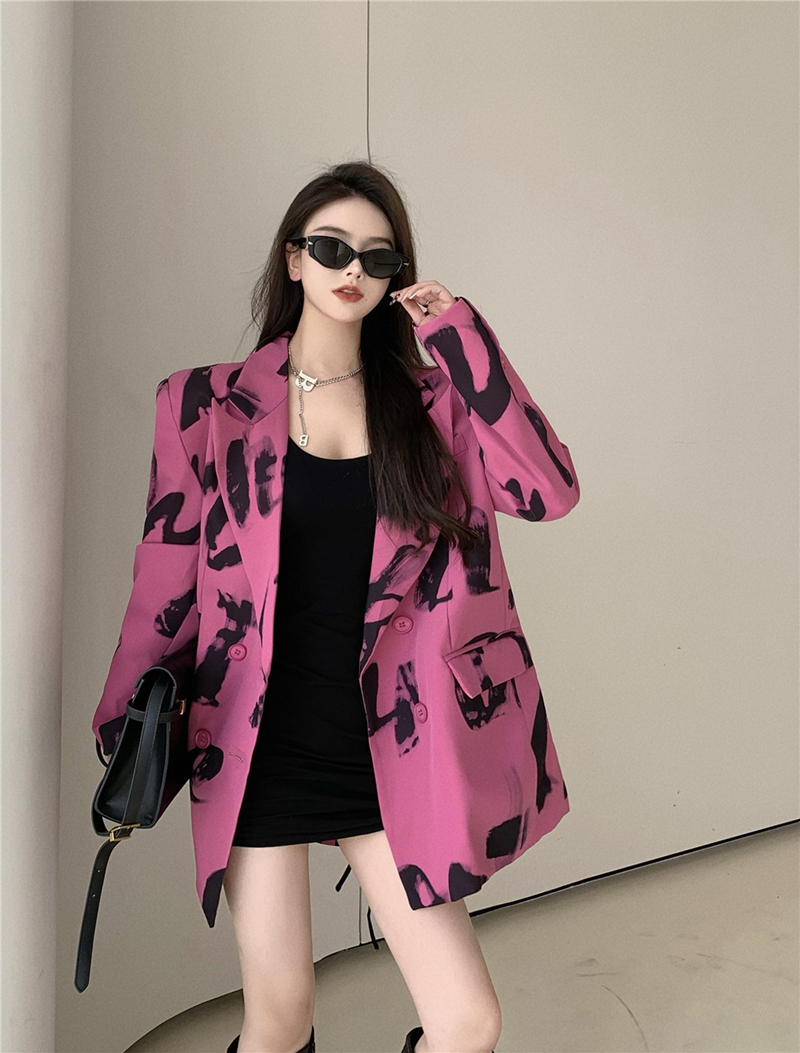 Real shooting of sexy printed suit coat in early autumn retro Hong Kong Style versatile suit top female