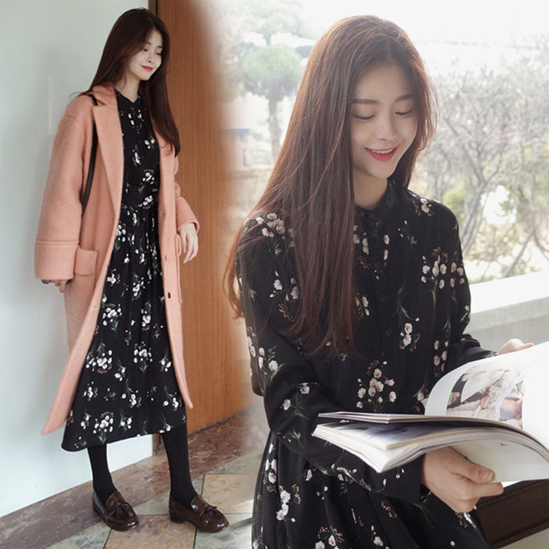 Vintage Floral large chiffon dress women's spring and Autumn New Korean version bottomed long sleeve medium long skirt