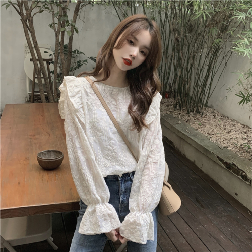 Real price embroidered lace blouse loose and sweet wave edge flying sleeve top long sleeve bottom coat