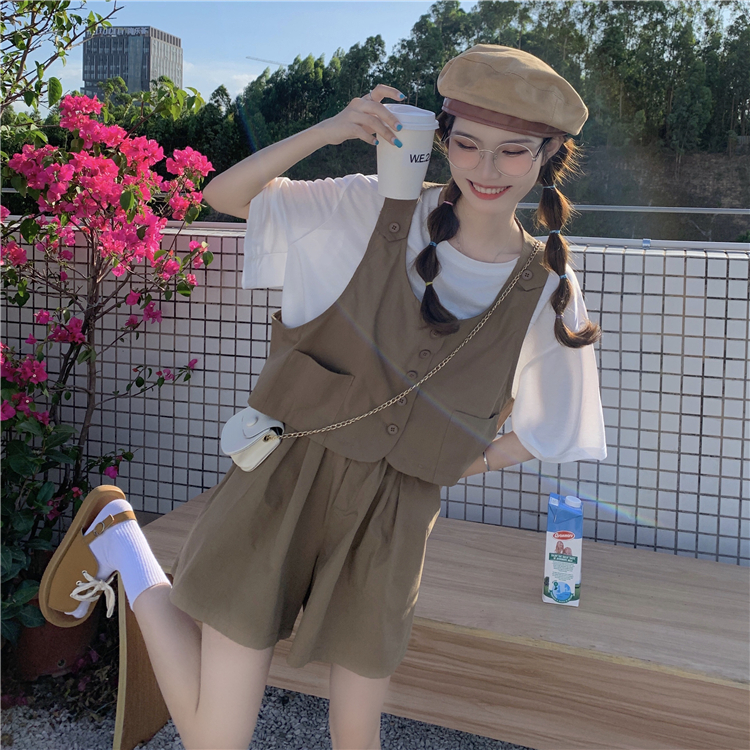 Real shot and real price spring and summer new short Vest Top + Elastic Waist Wide Leg shorts with t suit