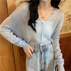 Autumn new Korean loose thin solid color V-neck T-shirt long sleeve sunscreen