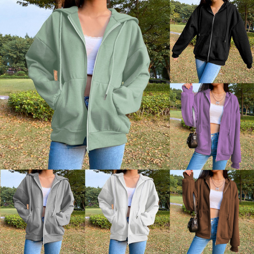New solid color hooded Plush Sweatshirt long sleeve coat women's street loose zipper top