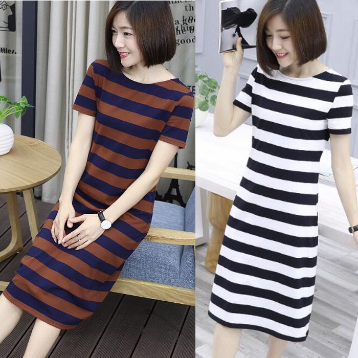 Medium length one-step dress women's long skirt Summer Short Sleeve Striped round neck dress long loose thin base skirt