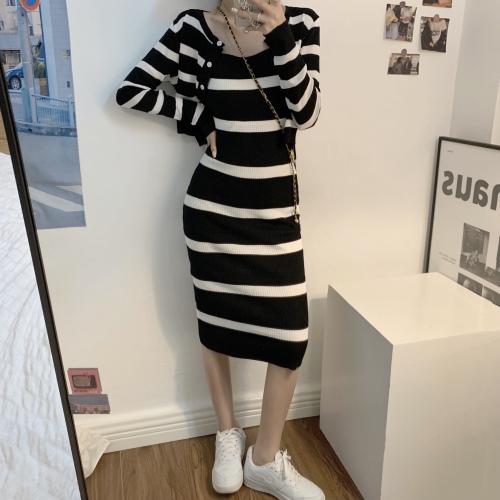 Real price striped knitted suspender dress waist pack hip show thin long skirt thin versatile cardigan suit