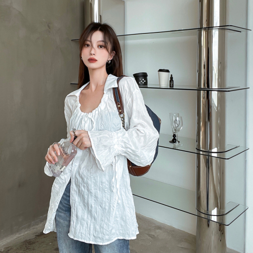 Real price white shirt women's early autumn new design sense of niche drawstring bubble sleeve top