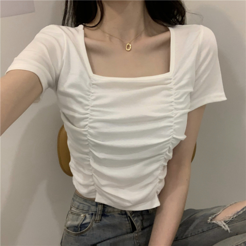 Real photo real price Korean design sense small fold square collar leaky collarbone T-shirt is thin and versatile short top