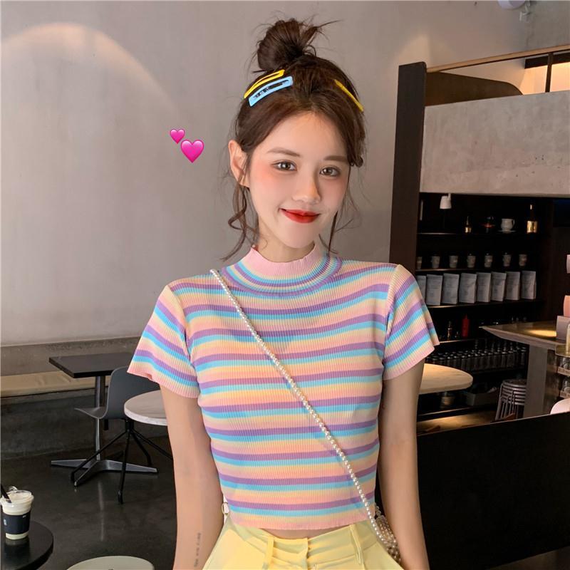 Ice color contrast stripe short T-shirt summer cute slim high collar Pullover short sleeve T-shirt blouse