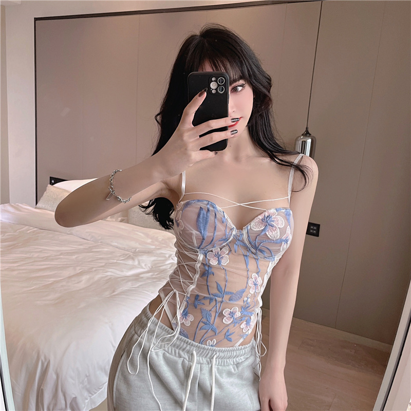 Real Price Embroidery suspender net lace one-piece dress women's perspective crotch private hot sexy underwear