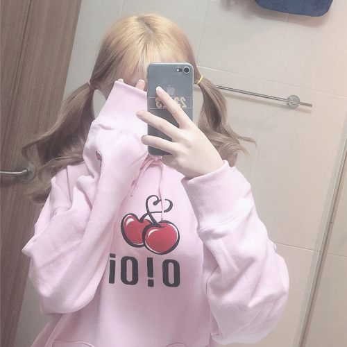Korean early autumn embroidery lovely Cherry Pink Hoodie sweater women's Retro Girl College style