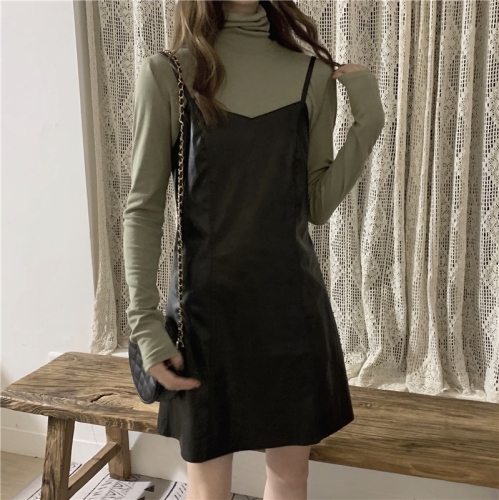 Real photo, real price, high collar, fold over, long sleeve, pile up collar, bottoming shirt, little woman, all kinds of suspender skirt, leather skirt