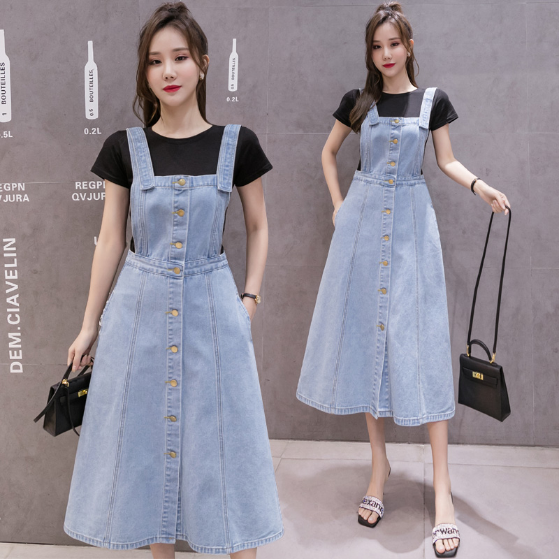 Real photos of sweet high waist denim dress with Suspenders for young girls