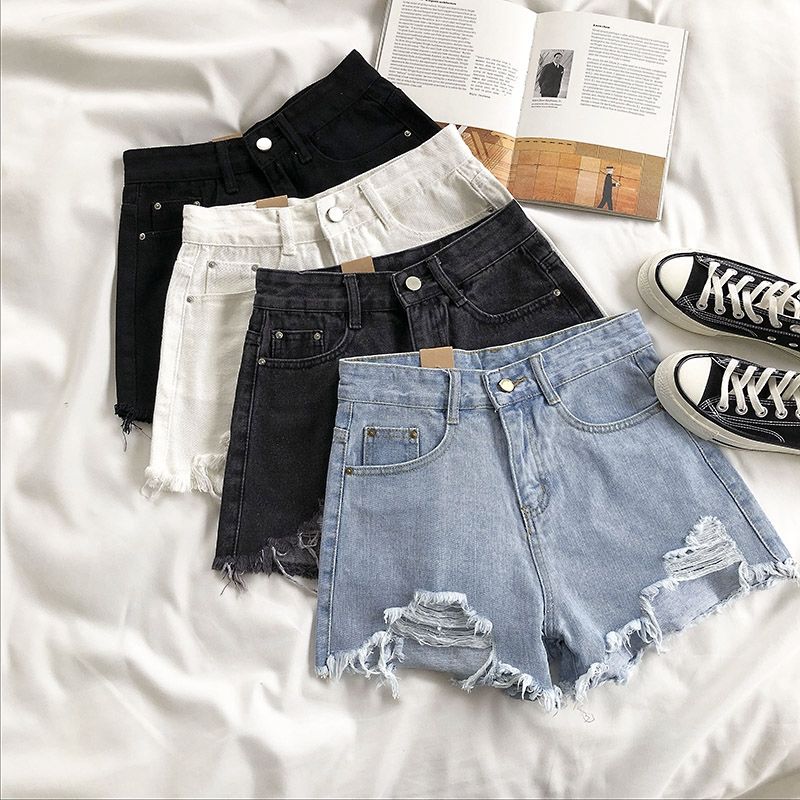 Light color denim shorts women's high waist 2021 summer new Korean version loose hole burr slim ins hot pants fashion