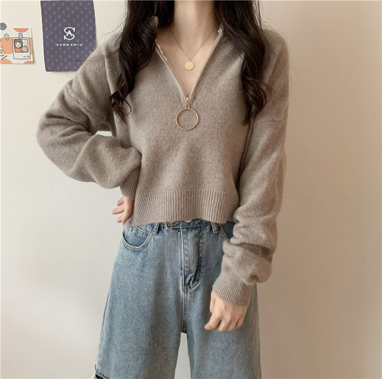 Real price and real shooting ~ New Korean loose and thin neck V-neck zipper Pullover knitted sweater