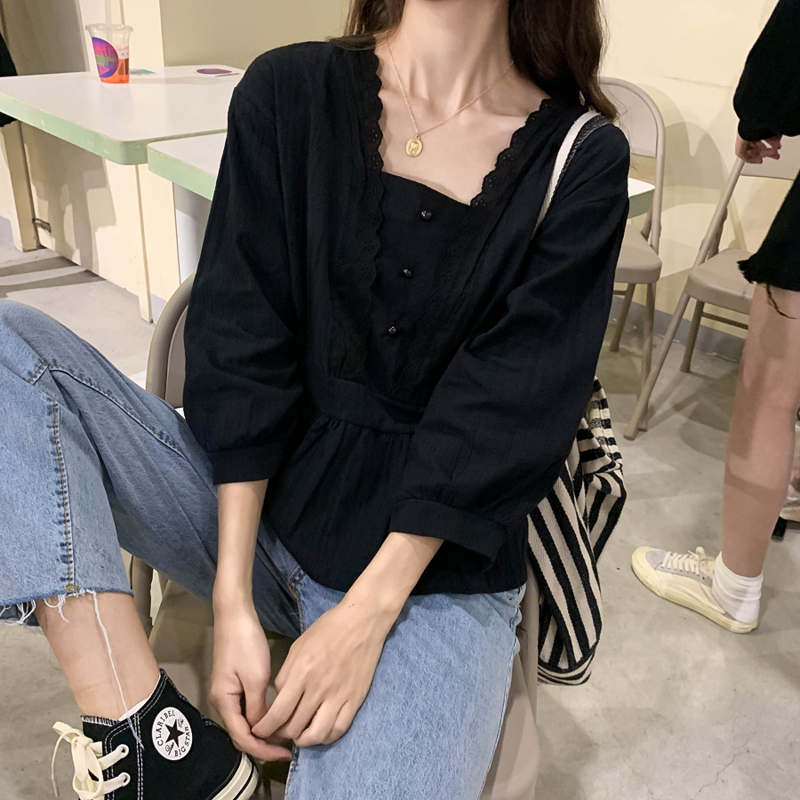 Real price real shot 2021 new slim square collar shirt Lantern Sleeve Ruffle girl's top
