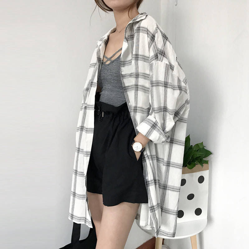 Long Sleeve Plaid Shirt female student Korean version loose sun proof clothing Hong Kong Style autumn coat top spring summer medium length shirt