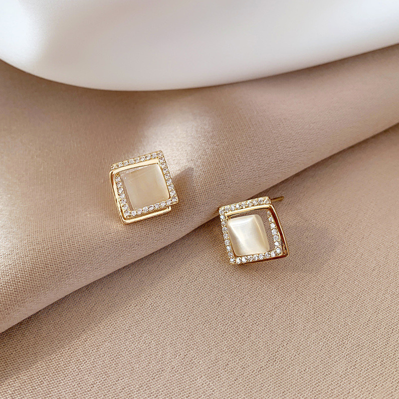 Korean geometric diamond opal earrings for women's niche design S925 silver pin Earrings