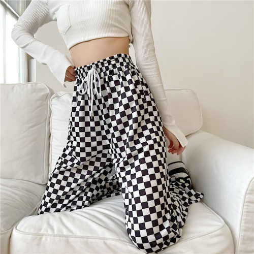 Real shooting chessboard casual pants women's spring and autumn high waist black and White Checkered wide leg pants loose straight pants
