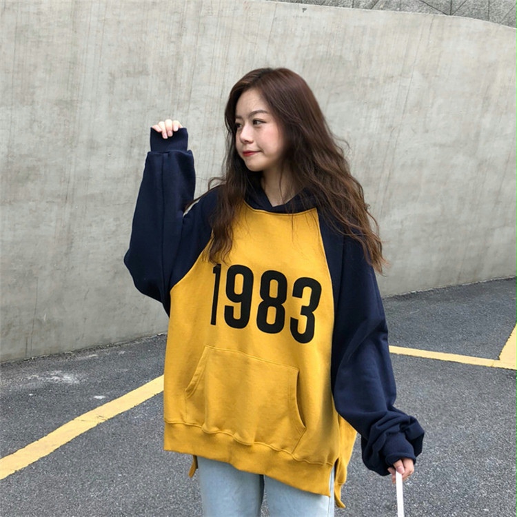 Autumn and winter loose Korean college style women's wear contrast raglan sleeves hooded pullover with velvet sweater women's coat