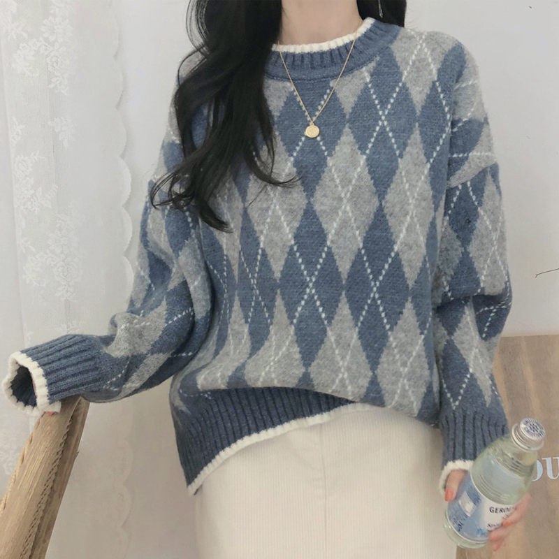 Autumn and winter new Korean retro lazy wind ins net red loose Pullover diamond check sweater thickened sweater women's sweater