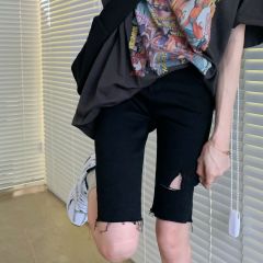 Real shot real price Black Denim Capris elastic women's high waist tight cycling pants show thin pants shorts