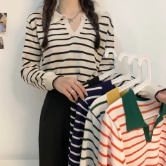 Early autumn 2021 ins fashion polo collar stripe knitted long sleeve top Korean loose versatile V-neck T-shirt