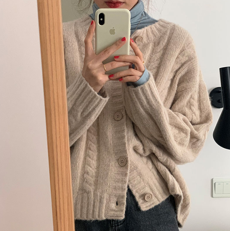 Fluffy soft waxy twist sweater solid color cardigan women's 2021 new spring loose round neck warm knitted coat