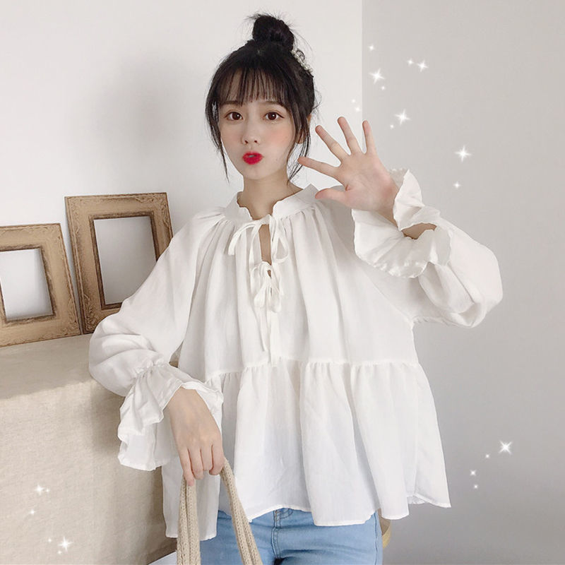 Long sleeve white shirt women's spring and summer 2020 new Korean version of student's baby collar blouse loose top design