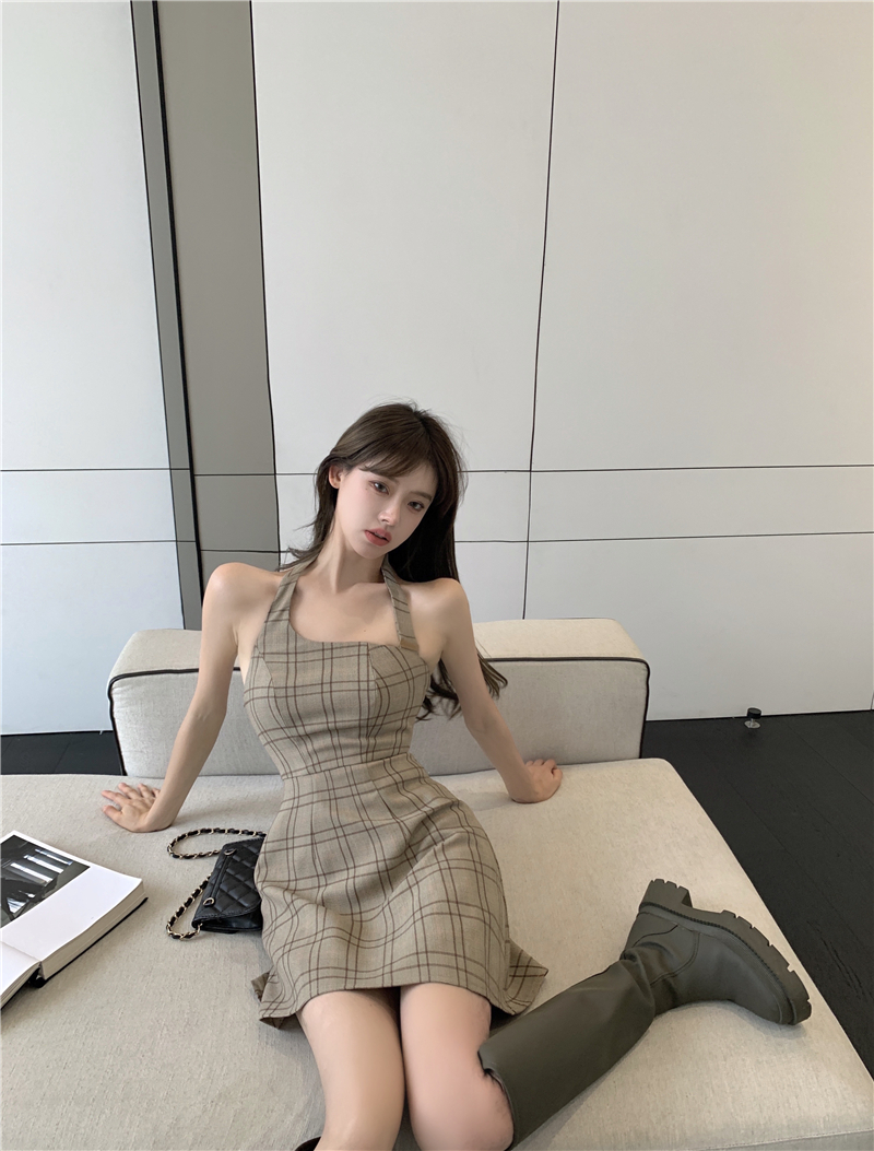Real price Vietnamese style pure horizontal and vertical check dress women's summer short skirt
