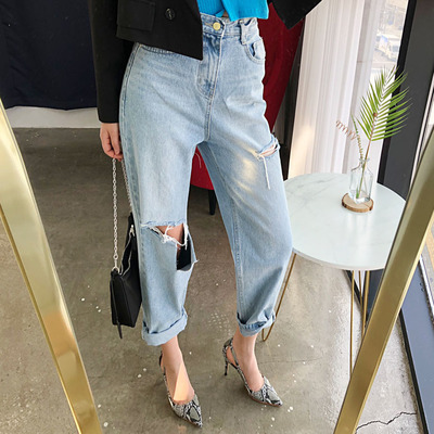 South Korean chic straight line high waist slim jeans
