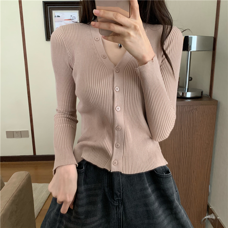Real shot and real price autumn new slim and slim bottoming shirt solid color V-Neck Sweater Top