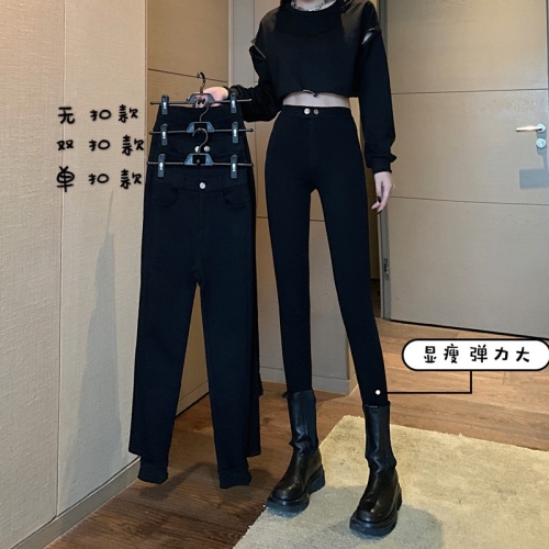 Real price cartoon leg girl's new slim high versatile slim black Plush pencil pants