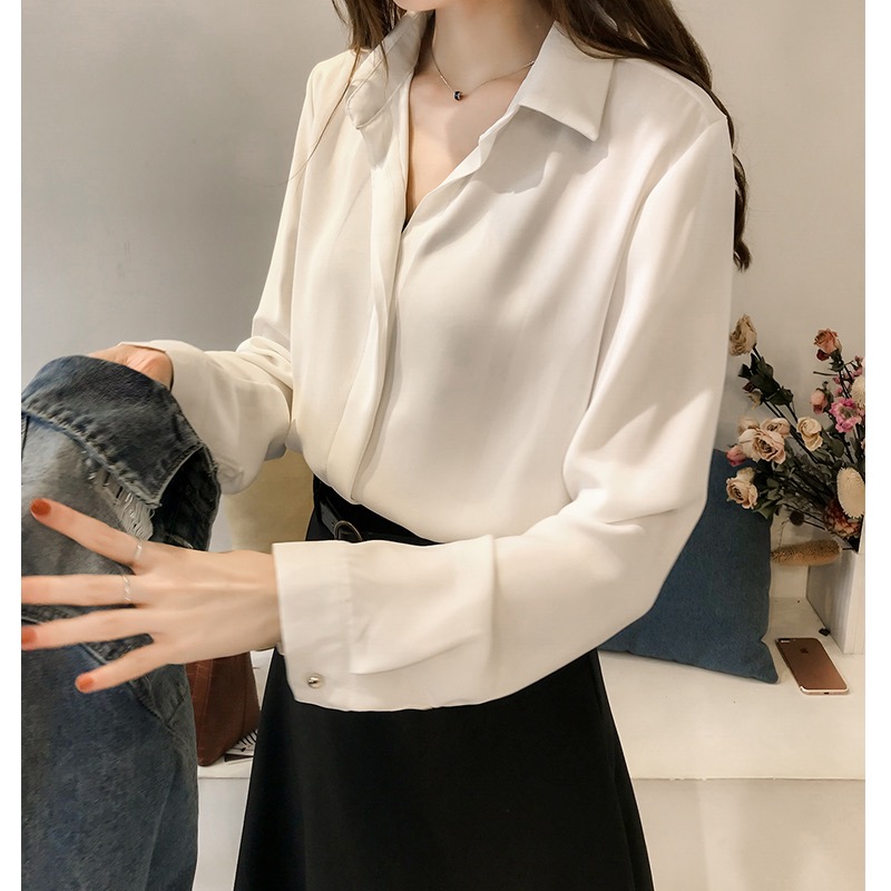 Spring women's new Korean style temperament solid color shirt women's long sleeve top simple ol chiffon shirt bottomed shirt