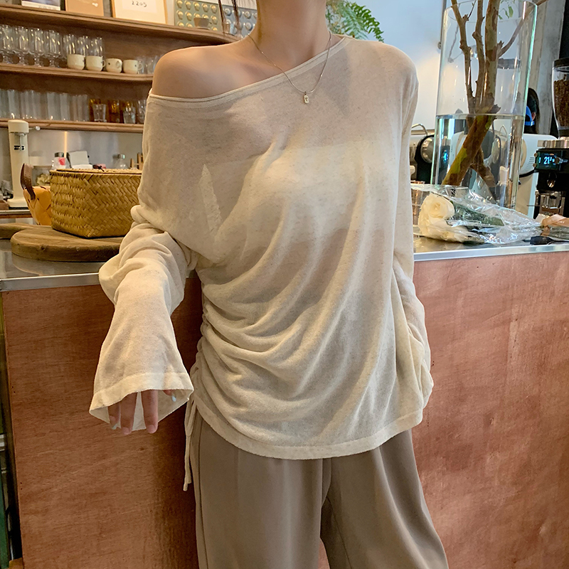 Real shot summer Korean new loose and versatile thin drawcord sunscreen Shirt Long Sleeve T-Shirt