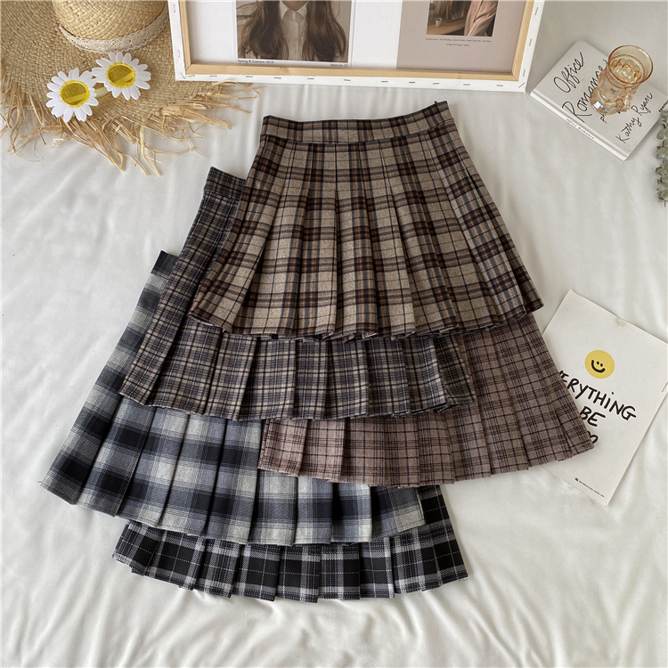 Real shot Korean version chic Plaid high waist thickened Nizi pleated skirt students reduce age and show thin skirt women