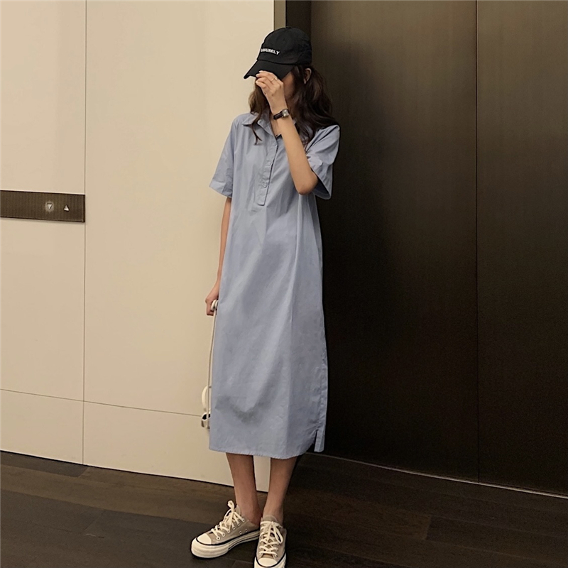 Real price Korean version simple polo collar shirt skirt loose and thin straight skirt medium length dress