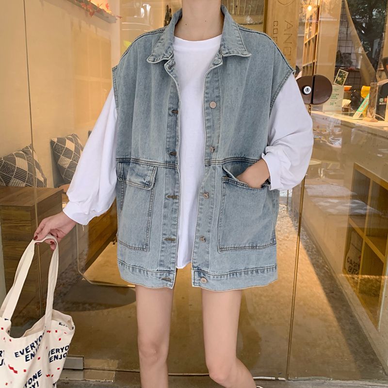 Ins overalls vest Denim Jacket Women Wear Hong Kong style, loose sleeveless shoulders, early autumn students Ma Jiachao