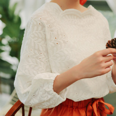 New leaf embroidery lace cut out loose Lantern Sleeve baby shirt 2021