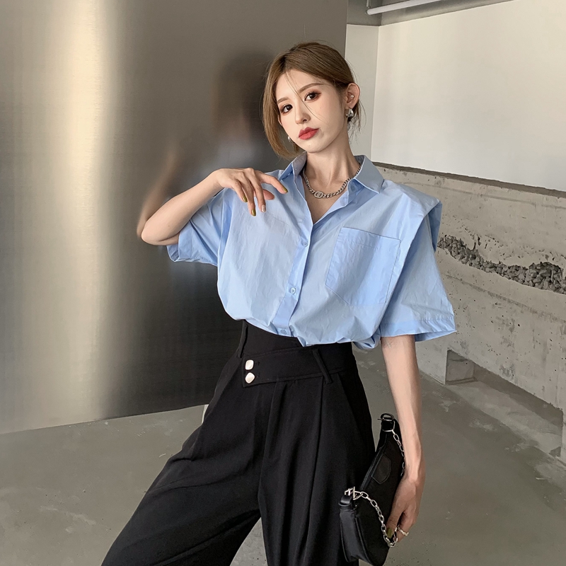 Real shot summer new style Hong Kong Style corridor shoulder pad short sleeve shirt women's fashion design