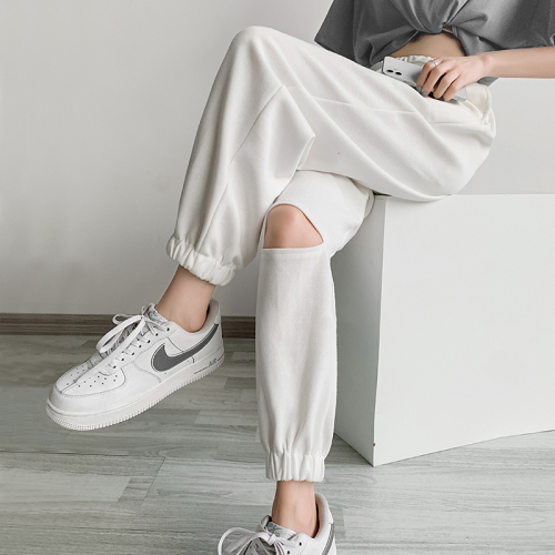 White sweatpants women's loose Leggings are thin and versatile casual pants with holes are fashionable