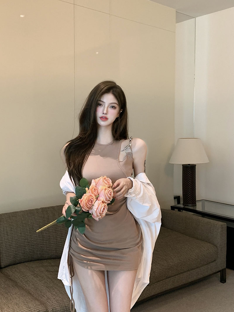 Real price hot girl off shoulder dress women's hollow high waist slim air bag hip drawstring skirt