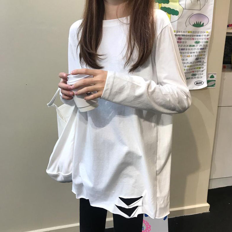Spring and autumn 2020 new bottoming top women's medium long white Long Sleeve T-Shirt women's loose wear with foreign style jacket autumn clothes