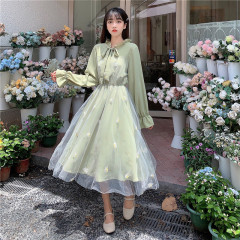 Chiffon Long Sleeve Dress with thin waist and Japanese gentle long skirt