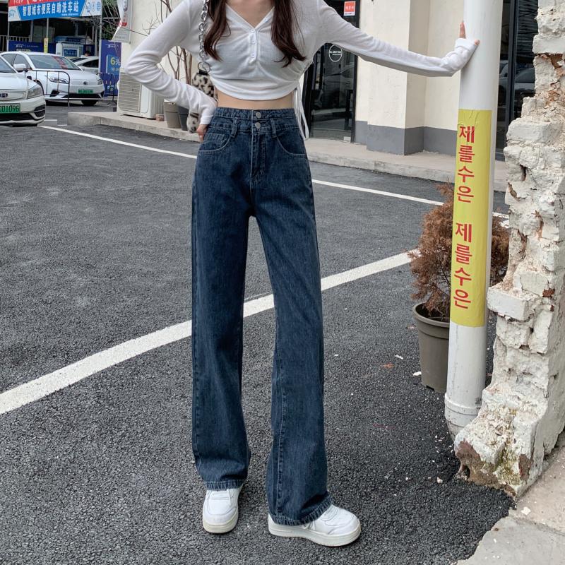 Real shooting of new autumn 2021 high waist straight jeans women's loose wide leg pants