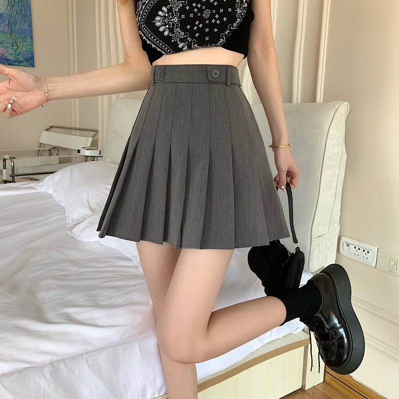Real price pleated skirt skirt women's 2021 new high waist double button design JK style A-line skirt with lining