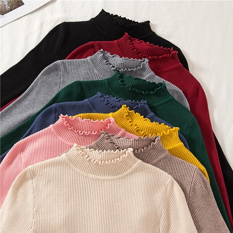 Core spun yarn new Korean solid color Pullover Auricularia edge bottomed sweater women's slim half high collar bottomed sweater